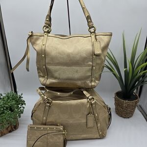 Coach Gold Lurex Studded Purse Tote Wristlet Wallet Set For Women Good Used Cond